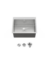 flynama 23inch Overmount Single Bowl Dark Gray 304 Stainless Steel Handmade Kitchen Sink with Us Standard Drain and Hook