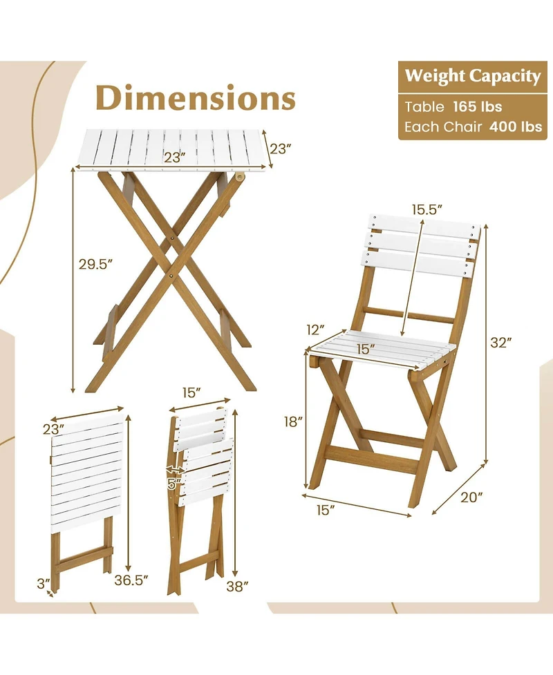 Costway 3-Piece Folding Patio Bistro Setwith Slatted Design Small Outdoor Furniture Set