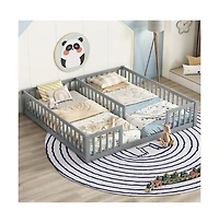 Cesicia Double Twin Floor Bed with Safety Fence Low Profile Shared Sleeping for Kids No Door Design
