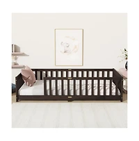 Cesicia Twin Floor Bed with Safety Fence Rubber Wood Kids for Toddler Room & Play Space