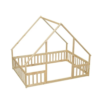 Cesicia Full Wood House Floor Bed with Safety Fence & Roof Frame Play for Kids and Teens