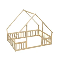 Cesicia Full Wood House Floor Bed with Safety Fence & Roof Frame Play for Kids and Teens