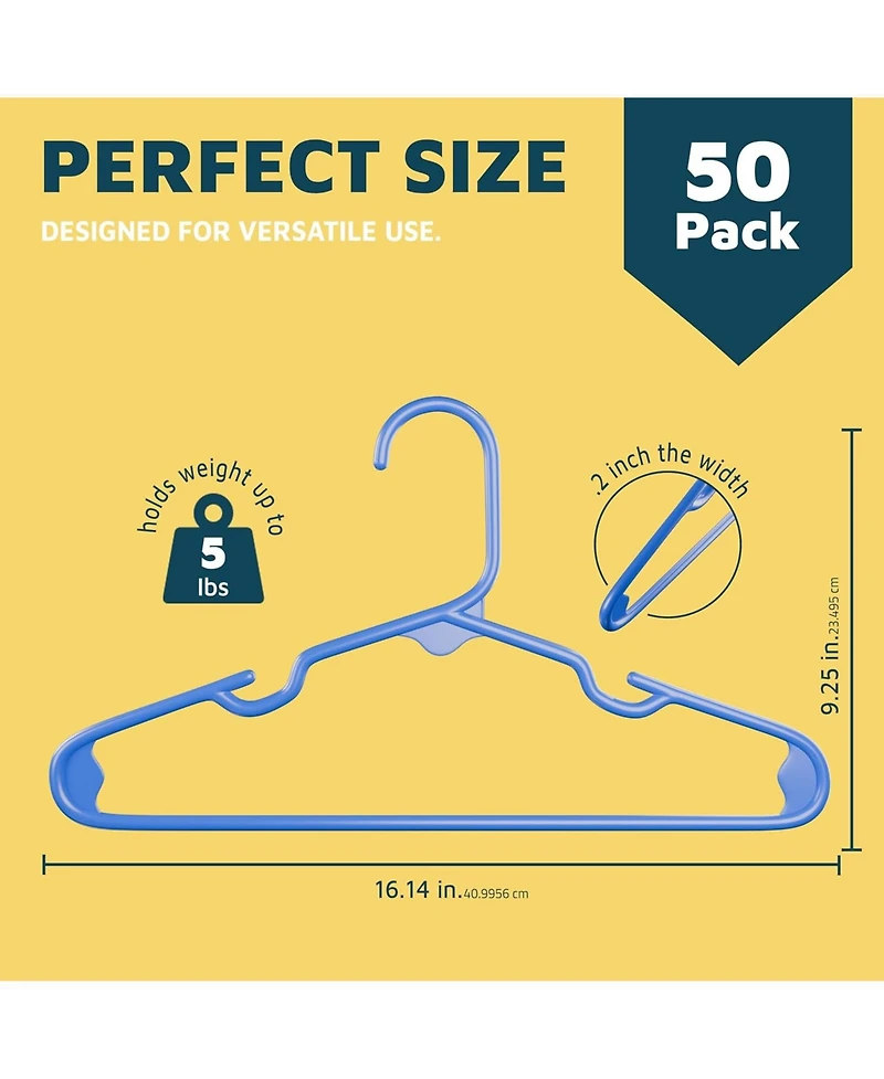Lifemaster Kids Plastic Hangers, Blue, 11.6", with shoulder notches, space-saving, hold 5 lbs, ideal for baby, toddler & kids clothes, 50-pack.