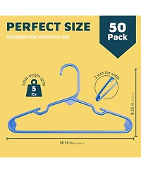 Lifemaster Kids Plastic Hangers, Blue, 11.6", with shoulder notches, space-saving, hold 5 lbs, ideal for baby, toddler & kids clothes, 50-pack.