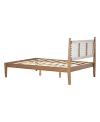 Boyel Living Queen Bed with Woven White Leather Back and Natural Wood Frame