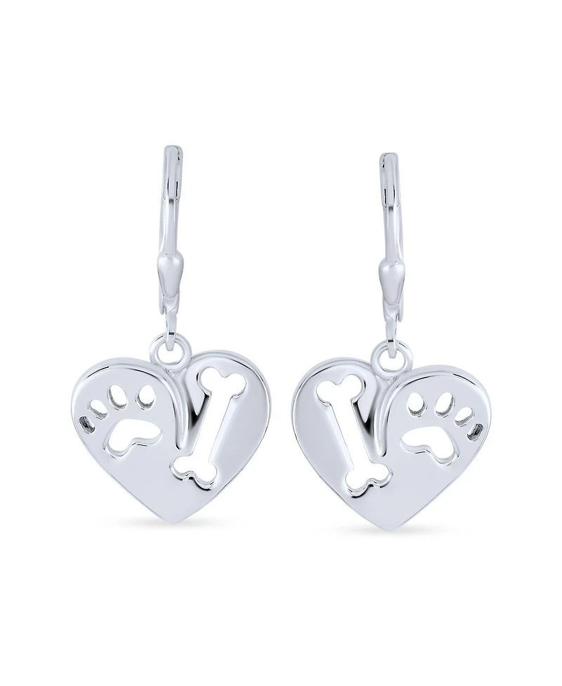 Bling Jewelry I Love My Dog Paw Print Dangle Heart Shape Earrings Animal Lover .925 Sterling Silver Lever back