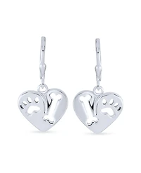 Bling Jewelry I Love My Dog Paw Print Dangle Heart Shape Earrings Animal Lover .925 Sterling Silver Lever back
