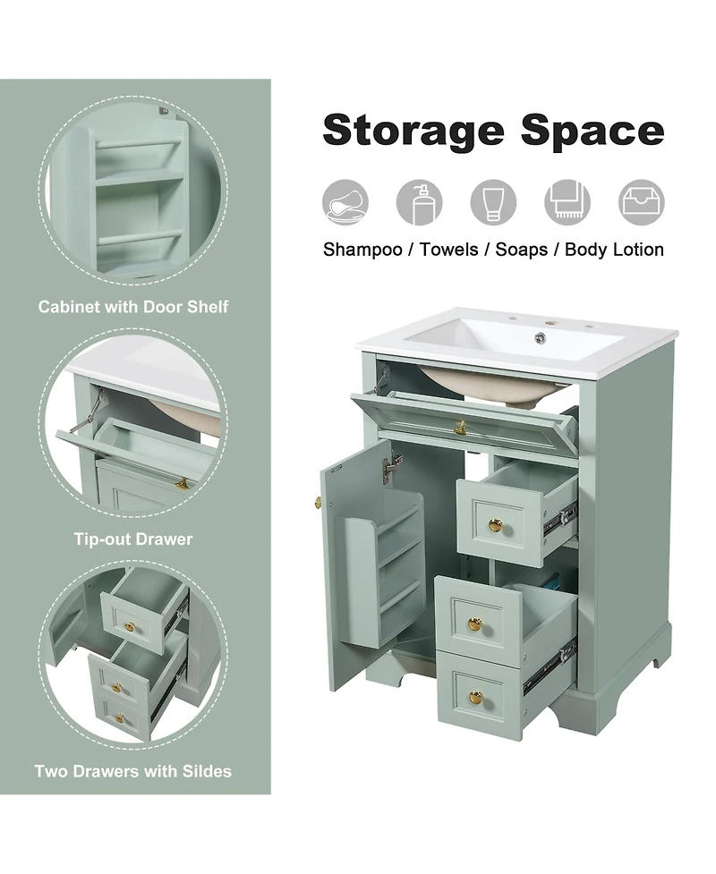 Cesicia 24 in. Bathroom Vanity with Sink, 3 Drawers & Cabinet 2-Tier Door Storage Rack, Soft-Close for Small to Medium Bathrooms