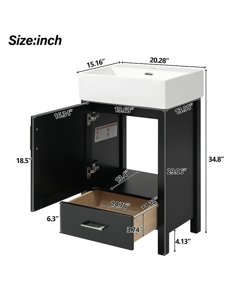 Cesicia Wood 20 in. Modern Bathroom Vanity with Ceramic Sink and Drawer for Small Bathrooms