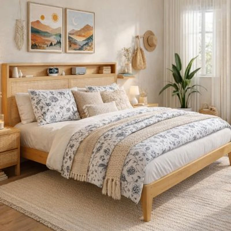 Gaomon Rattan King Size Bed Frame With Led Lights Boho Wood Bed Frame With Storage Headboard Charging Station No Box Spring Needed