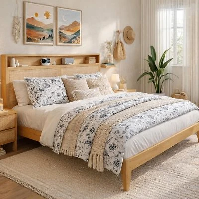 Gaomon Rattan King Size Bed Frame With Led Lights Boho Wood Bed Frame With Storage Headboard Charging Station No Box Spring Needed