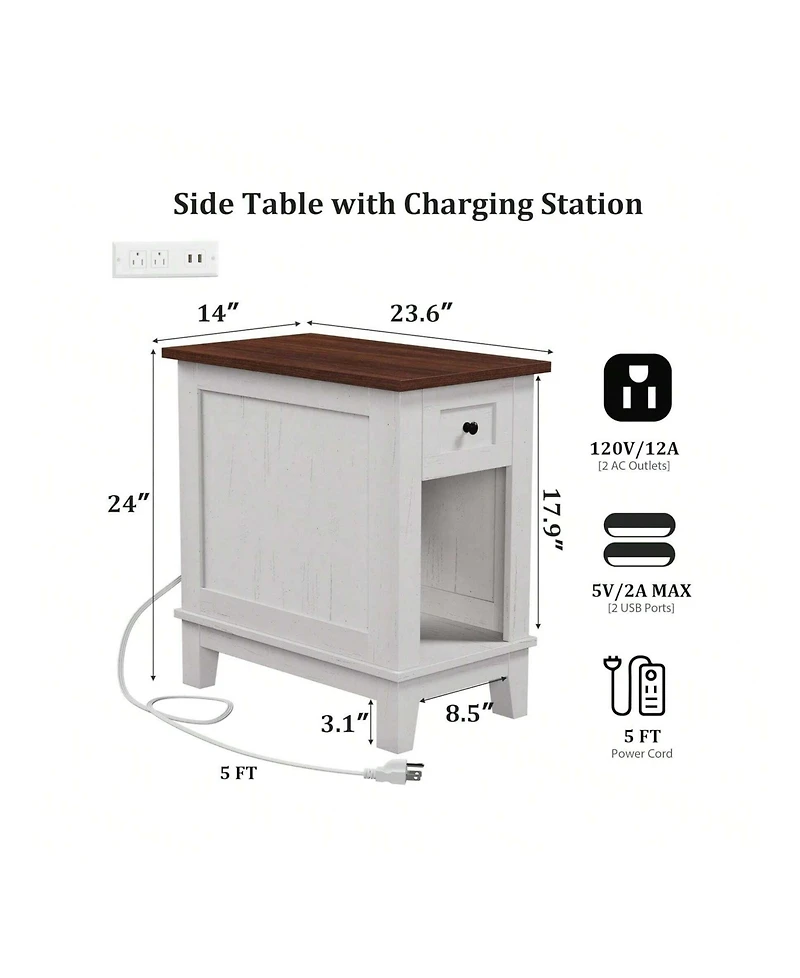 gaomon Narrow Side Table With Charging Station Small Farmhouse End Tables Storage Nightstand Bedside Tables Living Room