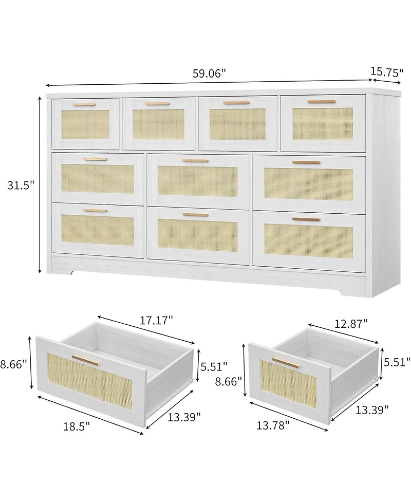 gaomon 10 Drawer Dresser for Bedroom, 59'' Rattan Dresser Tv Stand for 55, 65, 70 TVs