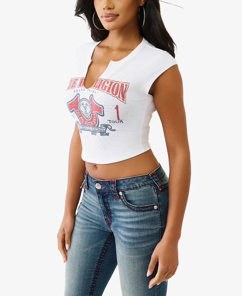 True Religion Women's Short Sleeve Distressed Buddha T-Shirt