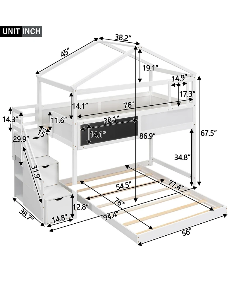 Boyel Living Twin Over Full House Bunk Bed with Storage Staircase and Blackboard
