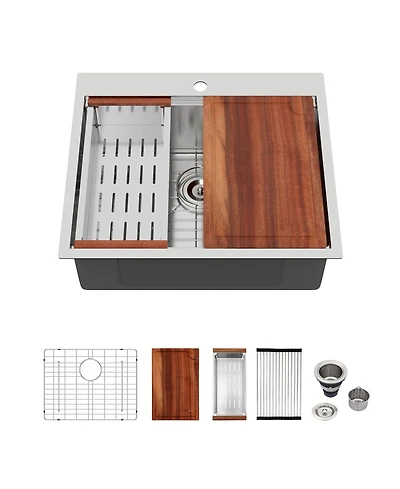 Flynama 25"x22"x9" Stainless Steel Kitchen Sink Workstation, Single Bowl, 16 Gauge.