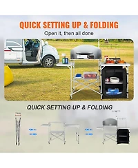 Mecale Camping Kitchen Table, Folding Aluminum Cook Station with Cupboard, Detachable Windscreen, Carrying Bag, Quick Setup, Black