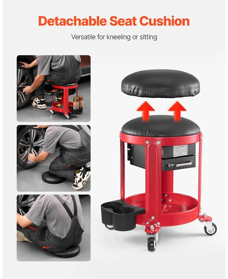 Mecale Rolling Mechanic Stool with Wheels, 300 lb Capacity, Padded Fixed-Height Creeper Seat with Tool Tray & 2 Drawers, Red/Black