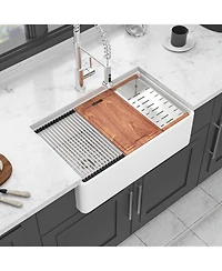 flynama huluwat 33x20x10inch White Farmhouse Sink Ceramic Porcelain Double Bowl Workstation Kitchen