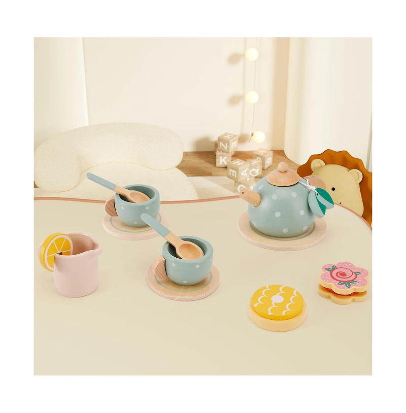 Bruce & Shark 15-Piece Wooden Tea Set for Kids, Pretend Play Toy with Teapot, Cups & Treats