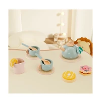 Bruce & Shark 15-Piece Wooden Tea Set for Kids, Pretend Play Toy with Teapot, Cups & Treats