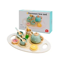 Bruce & Shark 15-Piece Wooden Tea Set for Kids, Pretend Play Toy with Teapot, Cups & Treats