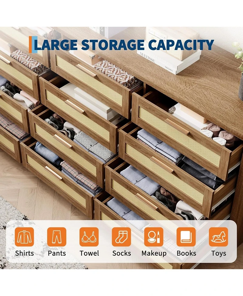 gaomon 12 Drawer Dresser for Bedroom, Modern Farmhouse Rattan Chest of Drawers, Wood Closet, Living Room, Entryway, and Hallway
