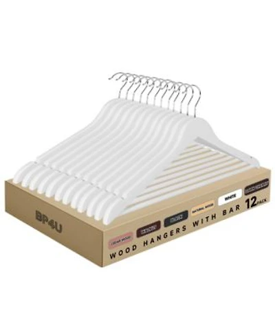 Bp4u 12 Pack Premium Wooden Suit Hangers With Non Slip Pant Bar Heavy Duty Solid Wood Coat Hangers For Jackets Shirts Dresses Trousers