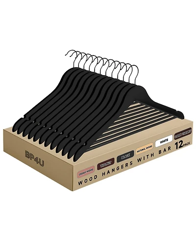BP4U -Pack Premium Wooden Suit Hangers with Non-Slip Pant Bar, Heavy Duty Solid Wood Coat for Jackets, Shirts, Dresses