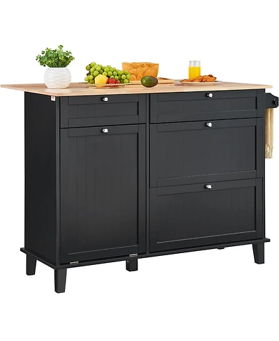 Volenca 50" Kitchen Island Cart with Wood Top, Tilt-Out Trash Cabinet for 10-Gallon Storage, Drop Leaf, Drawer, Towel Bar, Black