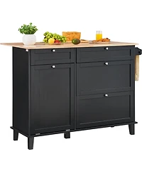 Volenca 50" Kitchen Island Cart with Wood Top, Tilt-Out Trash Cabinet for 10-Gallon Storage, Drop Leaf, Drawer, Towel Bar, Black