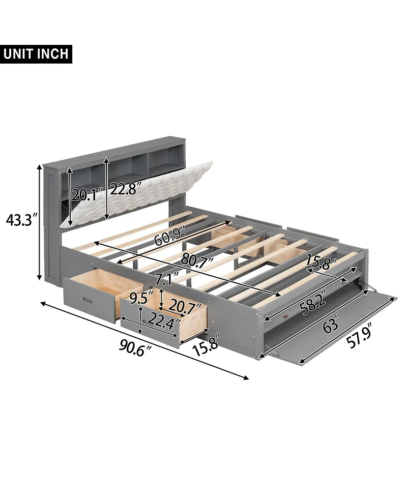 Wood Queen Size Platform Bed with Storage Headboard, shoe rack and 4 drawers