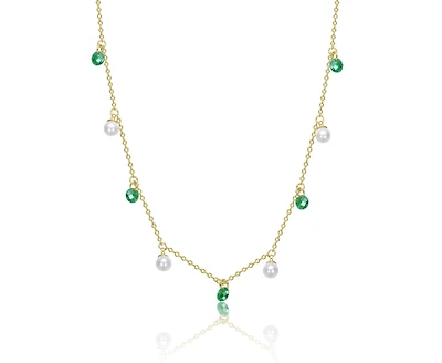 Rachel Glauber 14K Gold Plated with Mother of Pearl and Green Cubic Zirconia Station Necklace