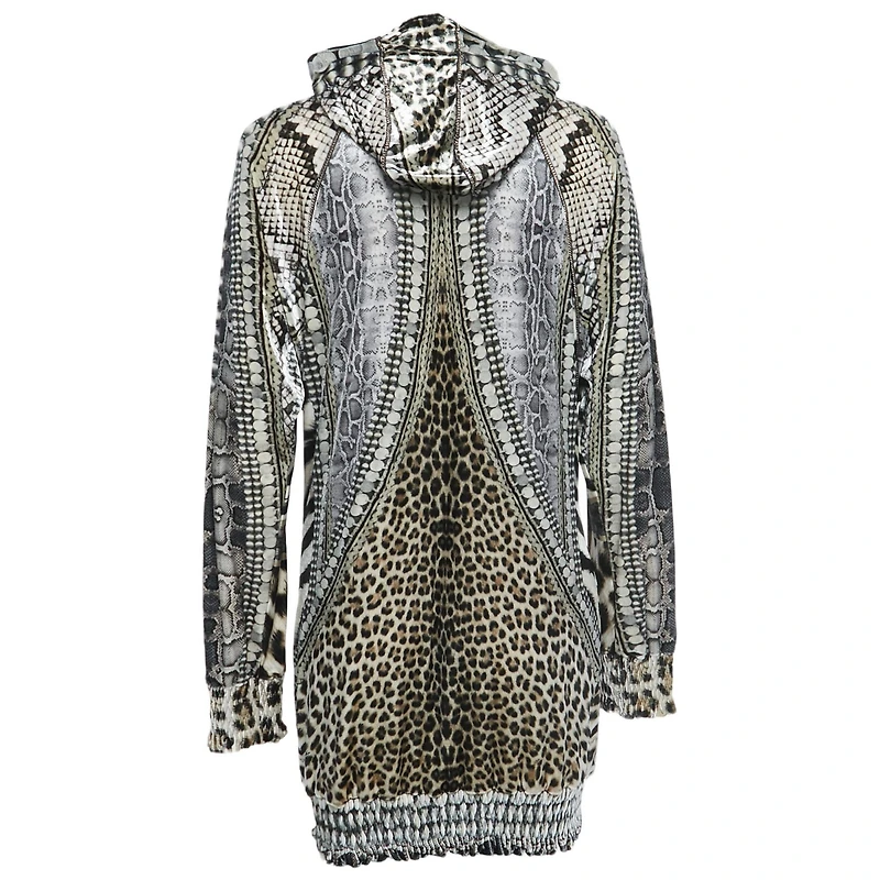 Pre-Owned Roberto Cavalli Women's Black/white Printed Velvet Zip Front Hooded Jacket