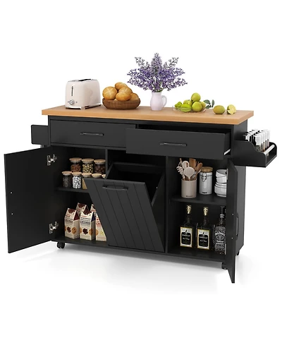 Rolling Kitchen Island Cart with Tilt-out Trash Cabinet Table