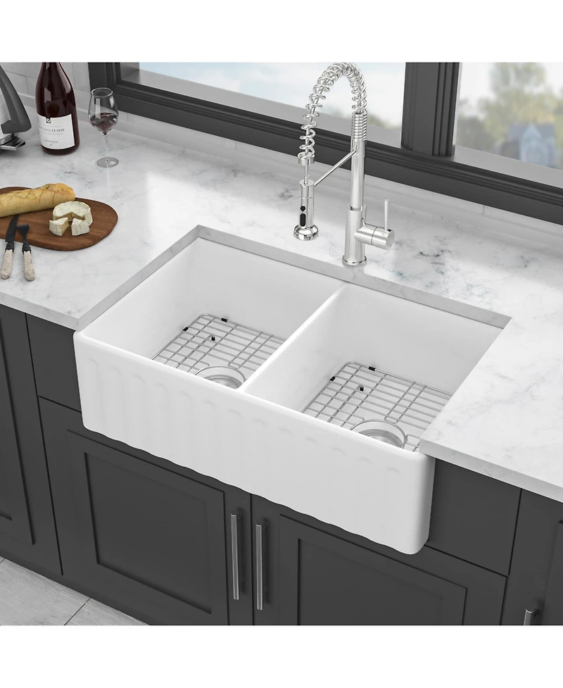 Flynama huluwat 33x20x10inch White Farmhouse Sink Ceramic Porcelain Double Bowl Reversible Design