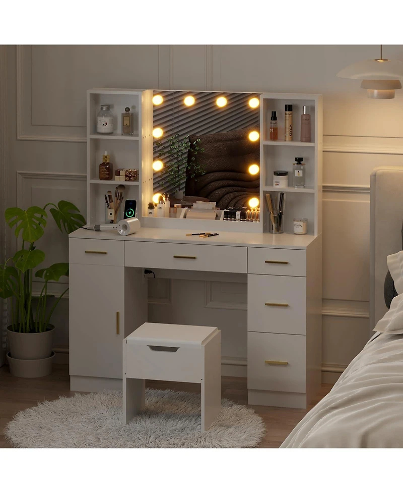 gaomon Farmhouse Vanity Set with Lighted Mirror,56 Inch Modern Makeup Vanity with Charging Station&Storage Shelves