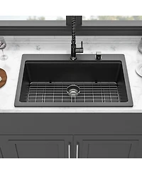 flynama 33x22x9.65 Inch Black Granite Composite Quartz Workstation Drop In Kitchen Sink