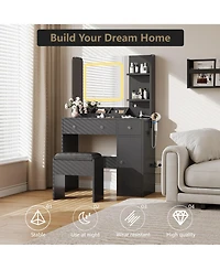 gaomon Vanity Desk and Stool with Mirror and Lights，Makeup Vanity with Charging Station, Drawers