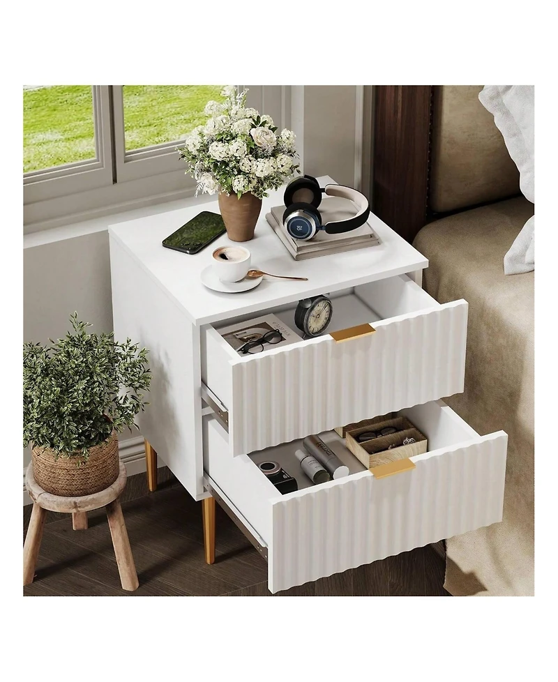gaomon Modern Nightstand With 2 Drawers Golden And Wood Fluted Night Stand With Charging Station Bedside Table With Usb Ports