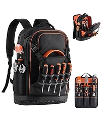 Mecale Tool Backpack, 65 Pockets, Heavy-Duty Tool Storage Organizer with Laptop Compartment & Molded Base, Electrician Jobsite Backpack