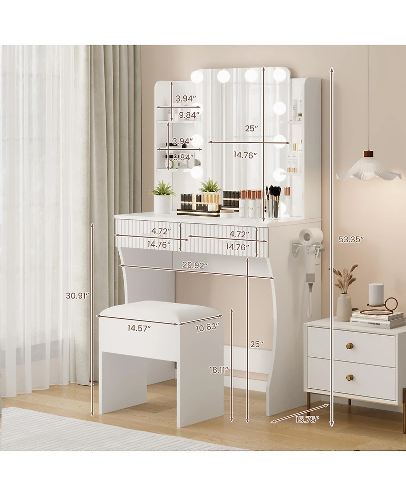 gaomon Dressing Table with 12 Led Mirror and Stool,Modern Vanity Desk Power Outlet,2 Drawers 6 Shelve for Cosmetics Storage