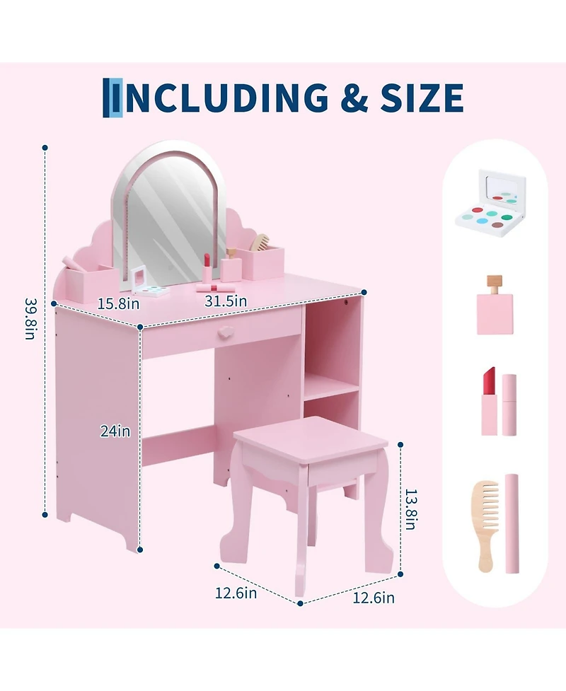 gaomon Kids Vanity with Lighted Mirror & Stool, Little Girls Vanity with Adjustable Led Light
