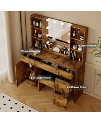 gaomon Farmhouse Vanity Set with Lighted Mirror,56 Inch Modern Makeup Vanity with Charging Station&Storage Shelves