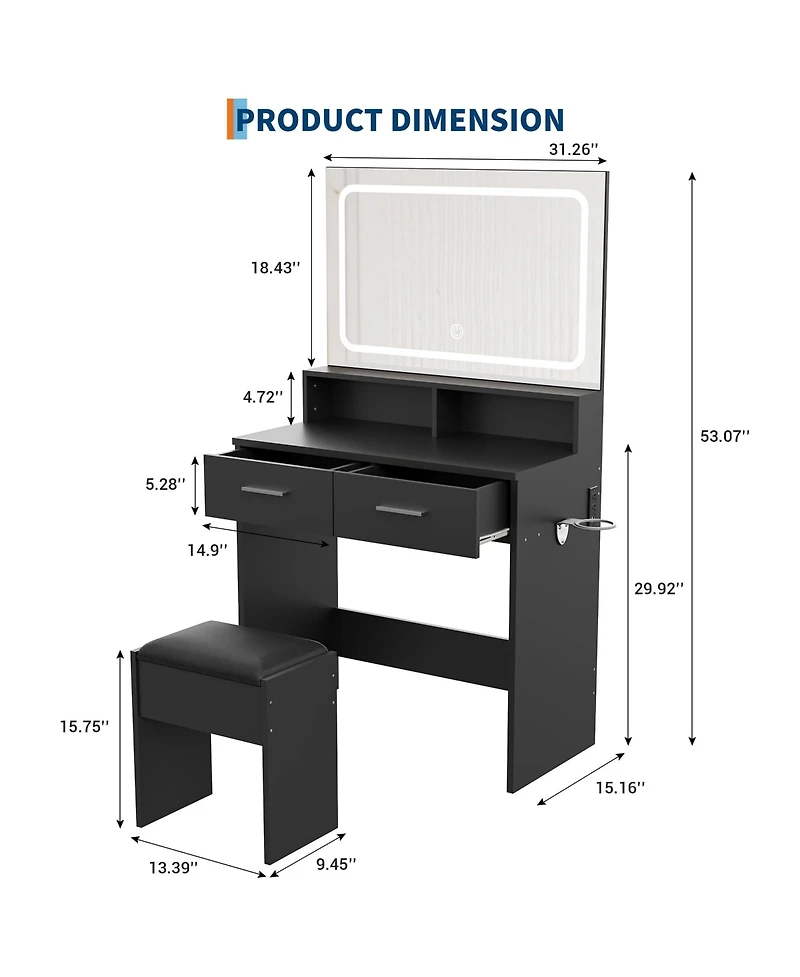 gaomon Vanity Set with 3-Color Adjustable Led Mirror Power Outlet and 2 Drawers Modern Dressing Table with Stool