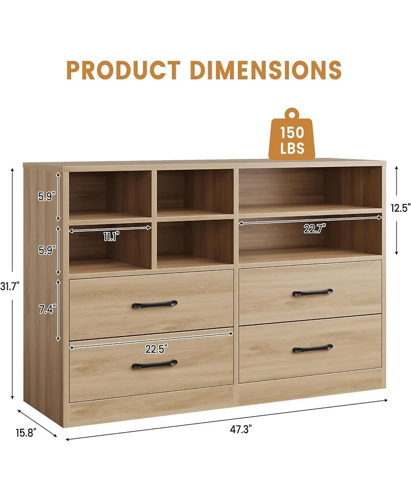 gaomon 2pcs Bedroom Dresser with 4 Drawers & 6 Open Shelves, Modern Wood Storage Cabinet for Living Room, Oak