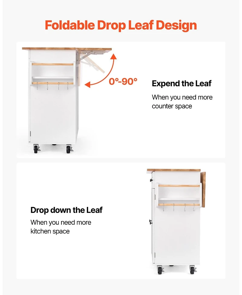 Volenca 52" Kitchen Island Cart with Solid Wood Top, Storage Cabinet, Drop Leaf, Drawers, Spice Rack, Towel Rack, Swivel Wheels