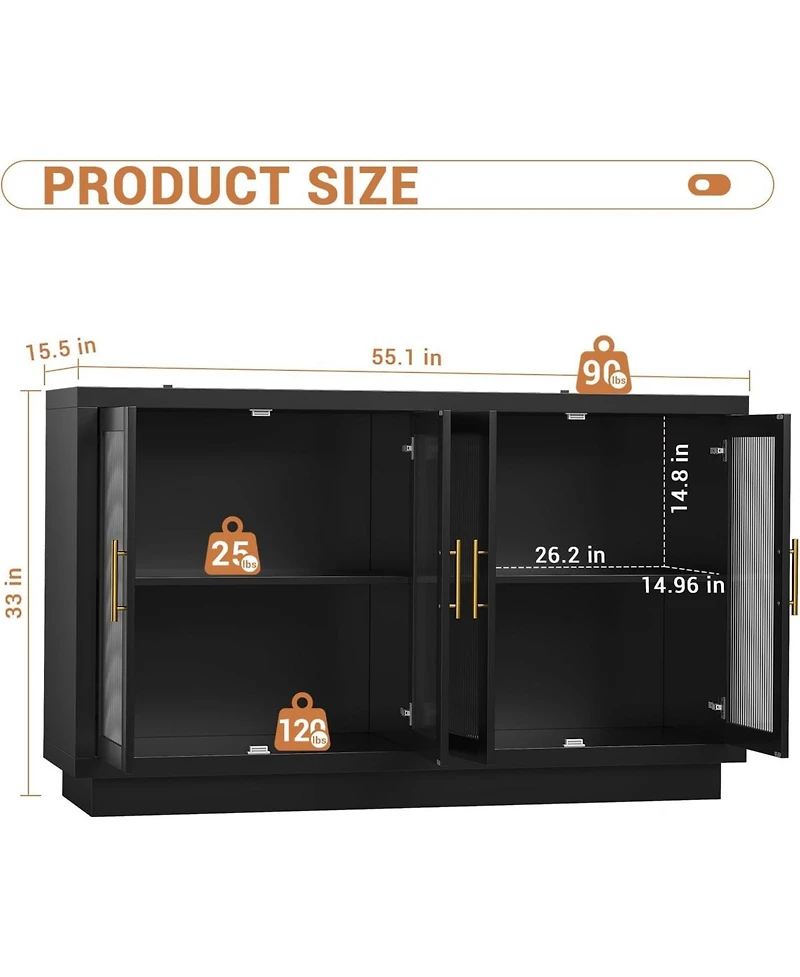 gaomon Buffet Cabinet with Storage, 55.1" Large Sideboard Cabinet, Sideboard with 4 Fluted Glass Doors, Adjustable Shelf, Modern Coffee Bar Buffet