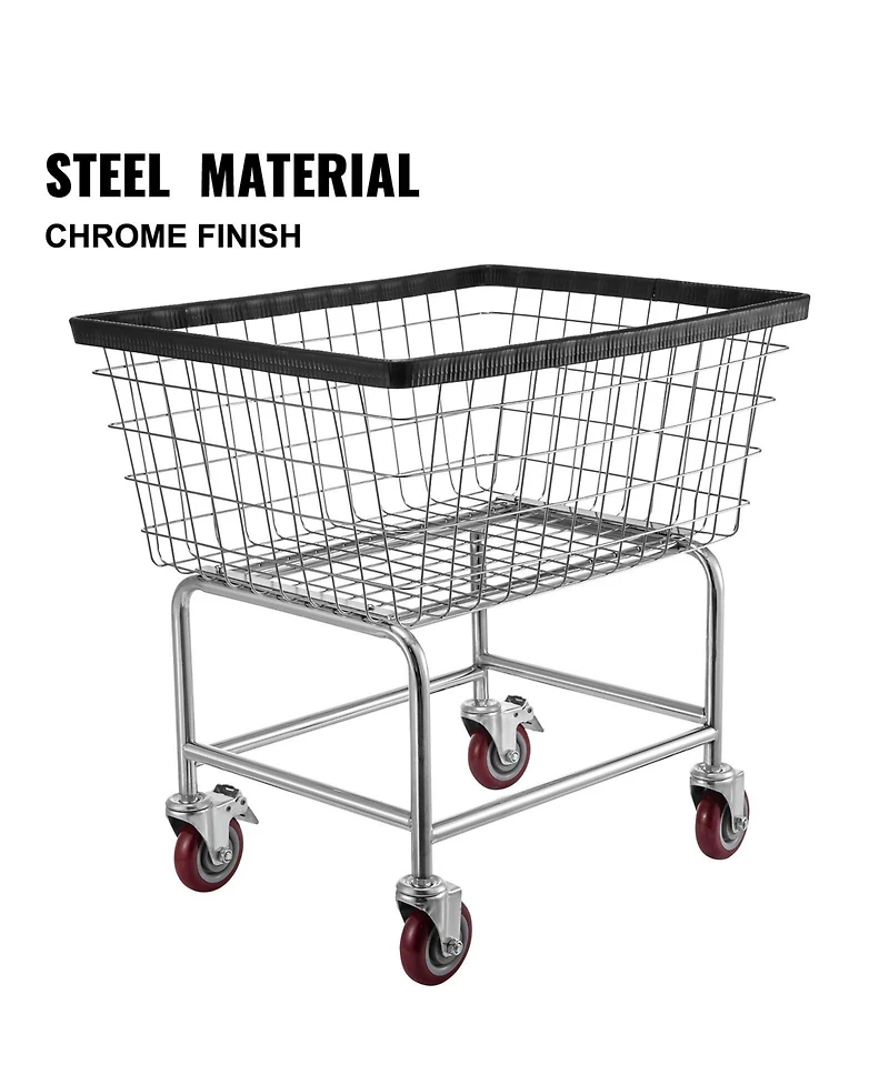 Ecooso Wire Laundry Cart, 2.8 Bushel Basket with Wheels, 26.7" x 21.7" x 26.4", Steel Frame, Chrome Finish, 4" Casters