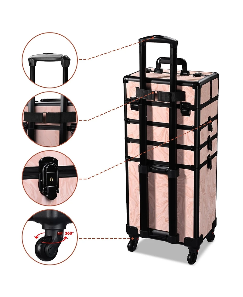 Byootique Rolling Makeup Train Case Trolley w/ Cube Case Cosmetic Organizer Pink